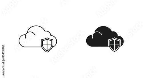 A cloud computing security icon with a shield on a white and black background