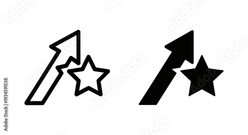 A black and white illustration of two arrows and stars on a plain background