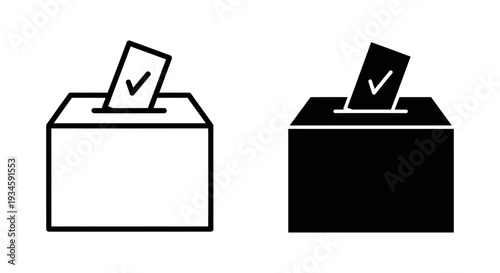 Two simple illustrations of voting boxes with checkmarked ballots being inserted