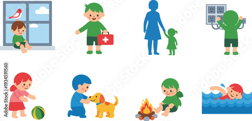 Child Safety and First Aid Situations Collection with Kids Emergency Help and Outdoor Activities Vector Illustration
