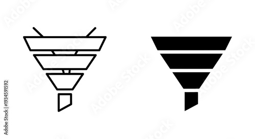 A graphic illustration of two black and white funnel diagrams on a plain background