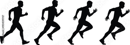 Running silhouette sequence, athletic motion, sprint posture, human biomechanics, sports training, dynamic movement, fitness concept, black figure, isolated white background, speed