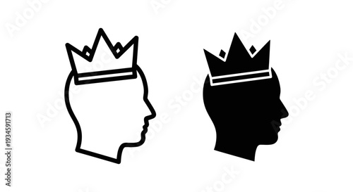 A black and white illustration of two crowned heads facing right