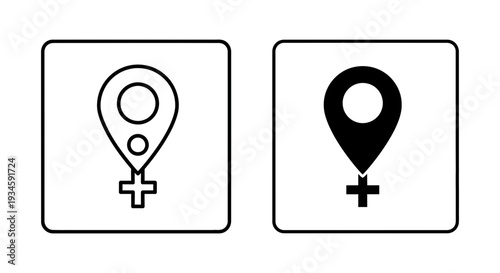 Two black and white icons representing female location markers on a clean background