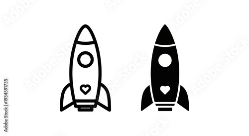 Two black and white rocket ship icons with hearts on a plain background