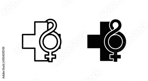 A medical symbol combining a cross with a female and male sign in black and white