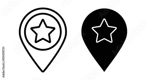 A set of two black and white location pin icons with stars on a plain white background