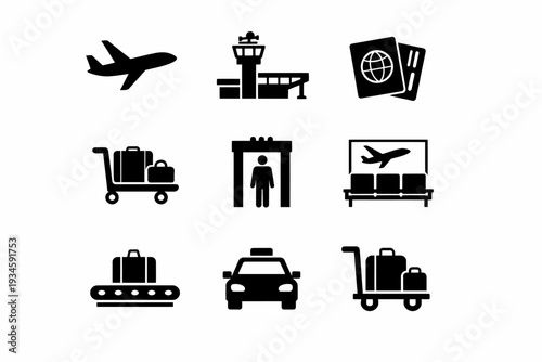 Airport travel icons: airplane, security, luggage, taxi, passport, terminal
