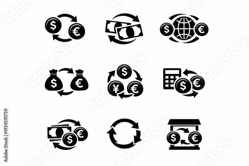 Currency exchange icons set featuring dollar, euro, yen, and global symbols
