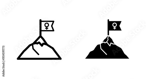 A minimalist illustration of two mountain peaks with female symbol flags