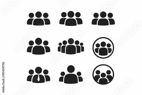 Collection of nine black silhouette group icons on white background
