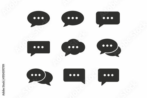 Set of nine black chat bubble icons for communication and messaging