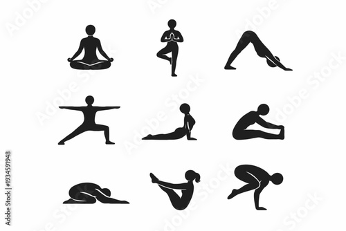 Silhouette yoga poses set: meditation, balance, flexibility