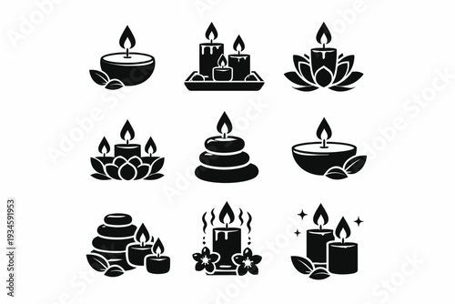 Collection of spa and relaxation candle icons with lotus flowers and stones