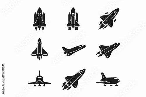 Set of nine black rocket and space shuttle icons in various orientations