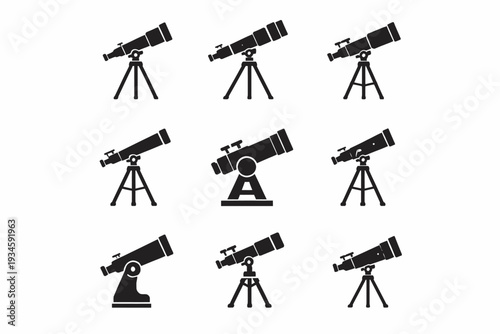 Set of nine telescope silhouettes on white background for astronomy enthusiasts