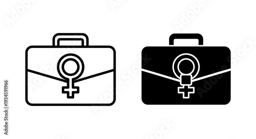A minimalist illustration of two briefcases with a female symbol on them, one in black and white and the other in black and white reversed, representing female empowerment in business.