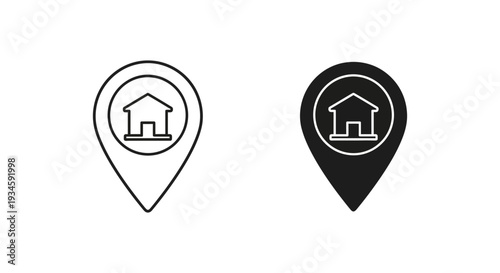 A simple black and white illustration of two map pin icons with house symbols