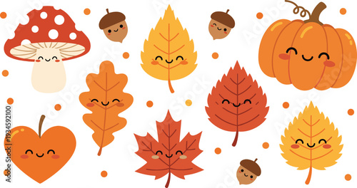 Cute Autumn Leaves and Pumpkin Cartoon Vector Illustration Set with Mushroom Acorn and Fall Elements