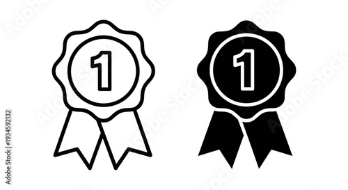A black and white illustration of two award ribbons with the number one on them