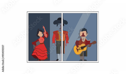 Spanish folkloric puppets in shop window cartoon vector illustration isolated on white background