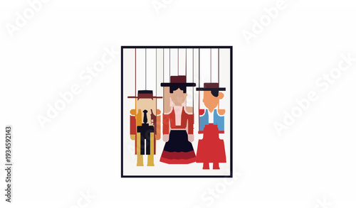 Spanish marionette puppets hanging in shop display flat vector illustration isolated on white background