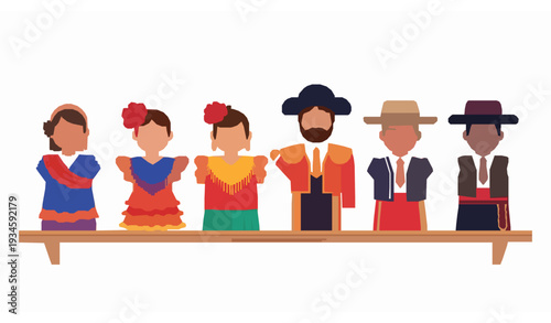 Traditional Spanish hand puppets on store shelf colorful flat vector illustration isolated on white background