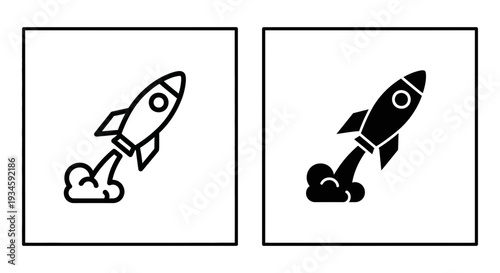 A black and white illustration of two rockets launching into space