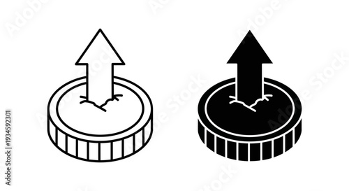 A black and white illustration of two coins with arrows pointing upwards, symbolizing growth and increase.