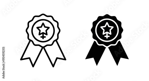 Two black and white rosette badges with a star and female symbol on a plain background