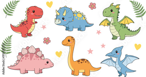 Cute Baby Dinosaur Cartoon Set with Hearts Flowers and Leaves Colorful Nursery Vector Illustration