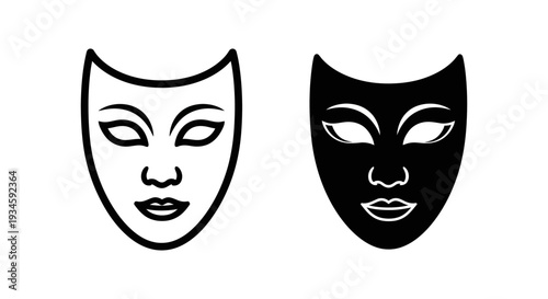 A black and white illustration of two theater masks on a plain background