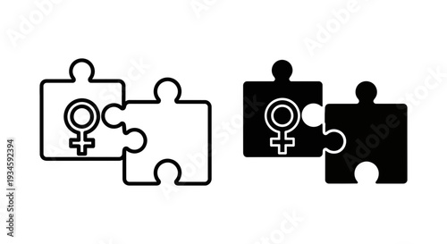 A black and white illustration of two puzzle pieces with female symbols coming together to represent unity and equality