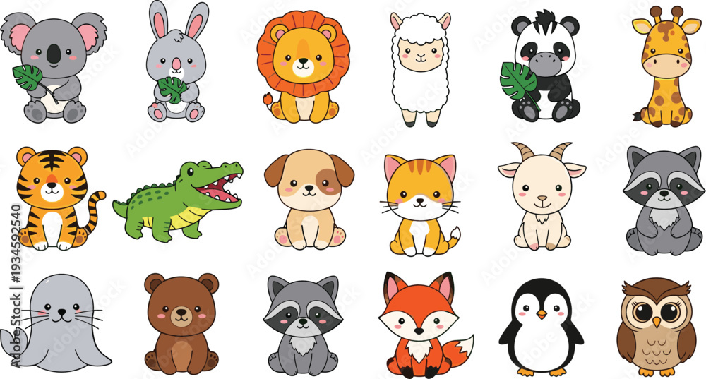 Fototapeta premium Cute Baby Wild and Forest Animals Cartoon Set Adorable Safari and Woodland Vector Illustration Collection