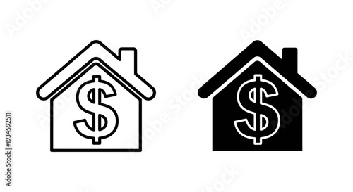 Two black and white house icons with dollar signs representing financial property or real estate investment
