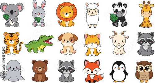 Cute Baby Wild and Forest Animals Cartoon Set Adorable Safari and Woodland Vector Illustration Collection