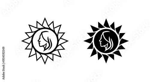 A black and white illustration of two sun logos with a woman's face in the center