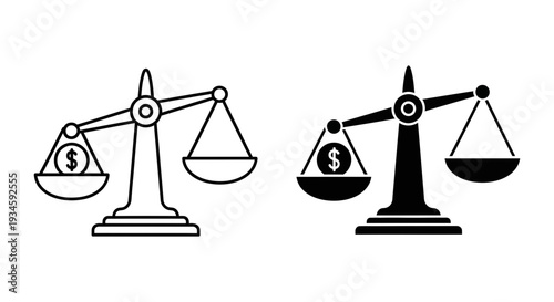A black and white illustration of two scales with dollar signs, symbolizing financial balance and justice.