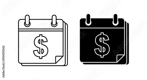 A simple black and white illustration of two calendar icons with a dollar sign on each, representing financial planning and budgeting.