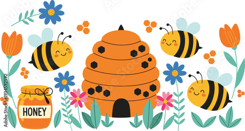 Cute Bees and Beehive with Honey Jar Cartoon Vector Illustration Set with Flowers and Spring Garden