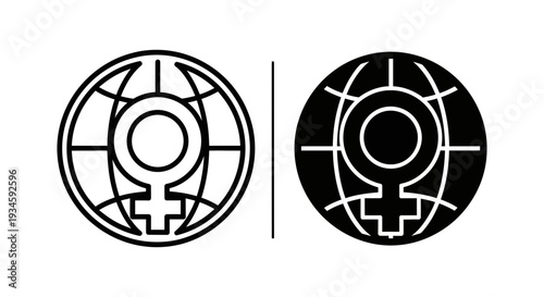 A black and white illustration of two Venus symbols integrated into globe designs