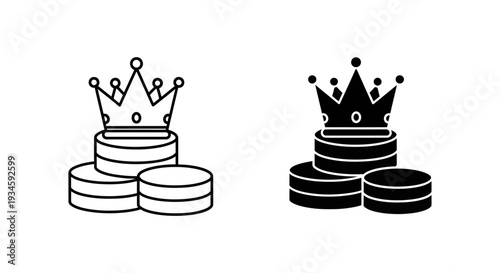 A black and white illustration of two crowns sitting on stacks of coins