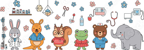 Cute Cartoon Animal Doctors Collection with Rabbit Kangaroo Frog Bear Elephant and Medical Equipment Vector Illustration