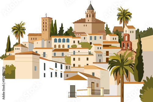 Flat vector illustration of a Mediterranean hillside town with palm trees, church towers, and warm beige architecture.