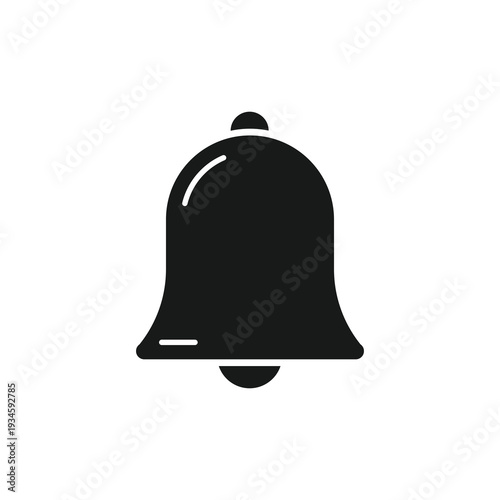 A simple black silhouette of a classic bell shape featuring a curved handle and clapper