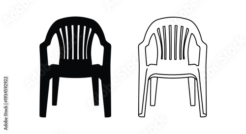 Two plastic chairs a solid black version and a line art rendering