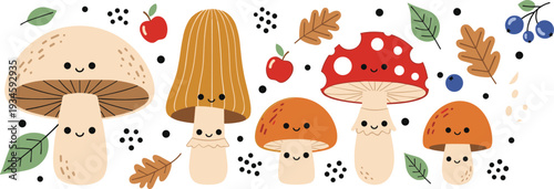 Cute Cartoon Forest Mushrooms Collection with Toadstools Leaves Berries and Autumn Woodland Elements Vector Illustration