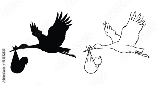 Two depictions of a stork carrying a baby one in silhouette
