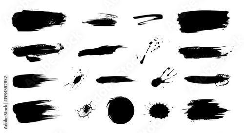Brush strokes black grunge set with various textures and splatters featuring texture, splatter, paint with ink and