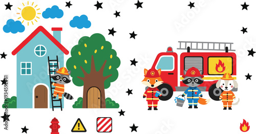 Cute Cartoon Firefighter Animals Collection with Fire Truck Rescue Scene and Emergency Safety Elements Vector Illustration